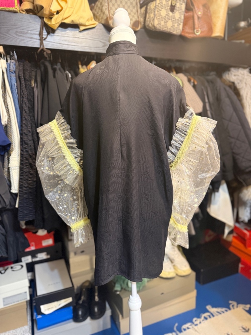 Black Silk Shirt with Oversized Puffy Tulle Sleeves - Picture 4 of 10